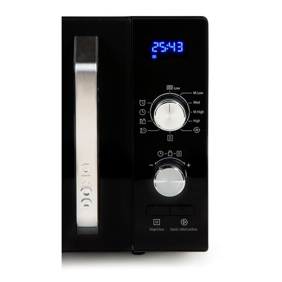 Forno a microonde nero con maniglia argentata e display digitale 25:43.