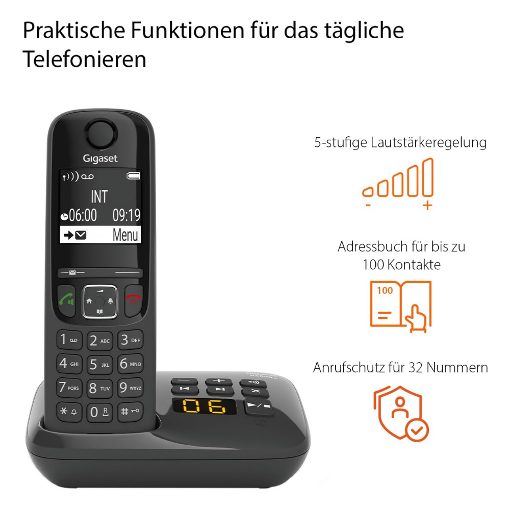 Ein schnurloses Gigaset Telefon mit Basisstation und Funktionen wie Lautstärke, Adressbuch und Anrufersperre.