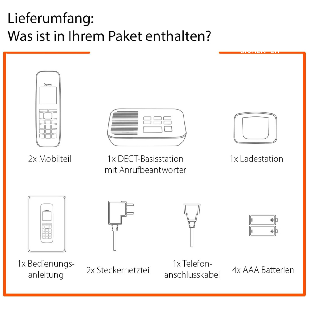 Lieferumfang: 2 Mobilteile, Basisstation, Ladestation, Anleitung, Netzteile, Kabel, Batterien.