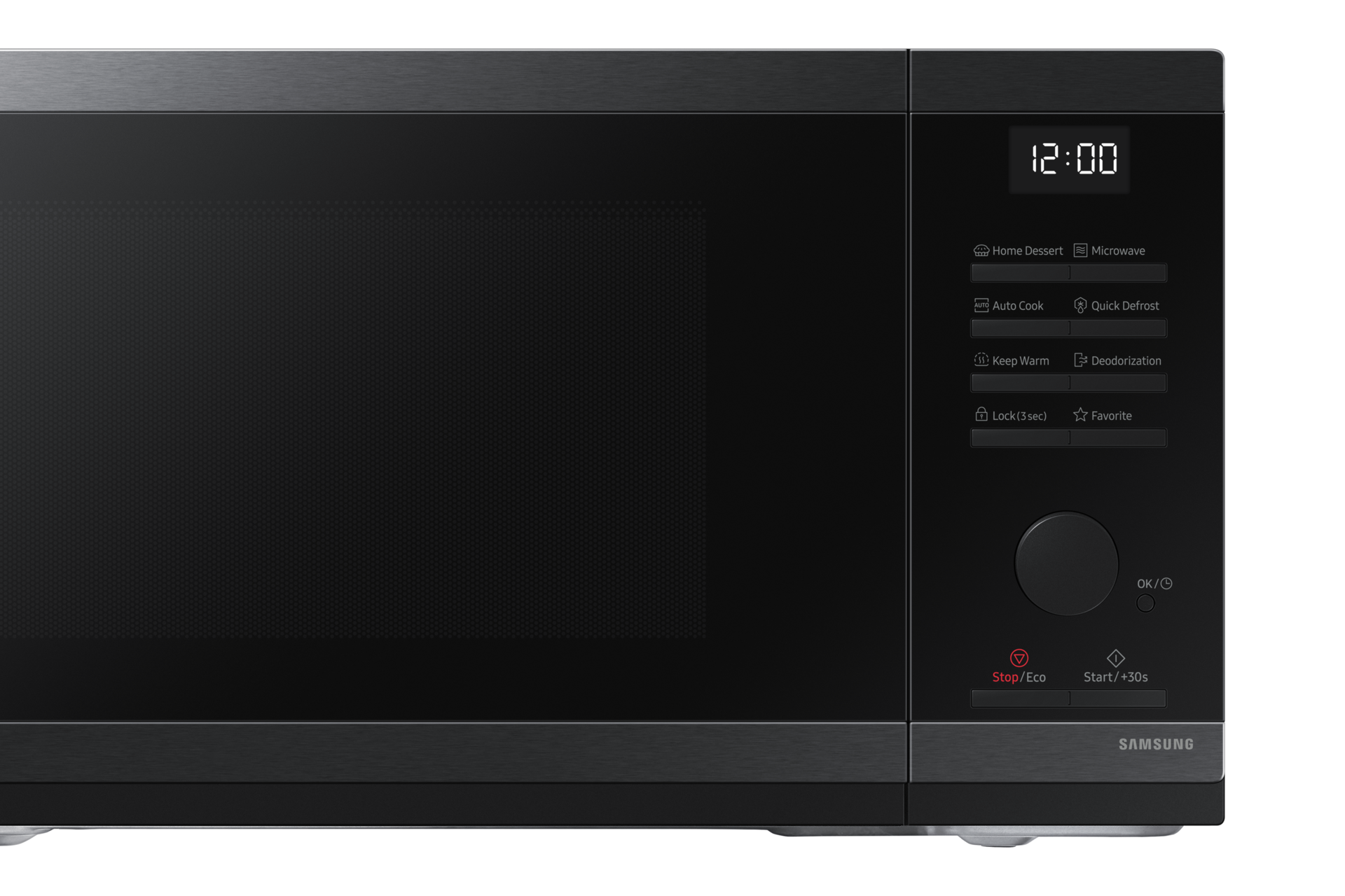 Forno a microonde nero con display digitale "12:00" e pannello di controllo.