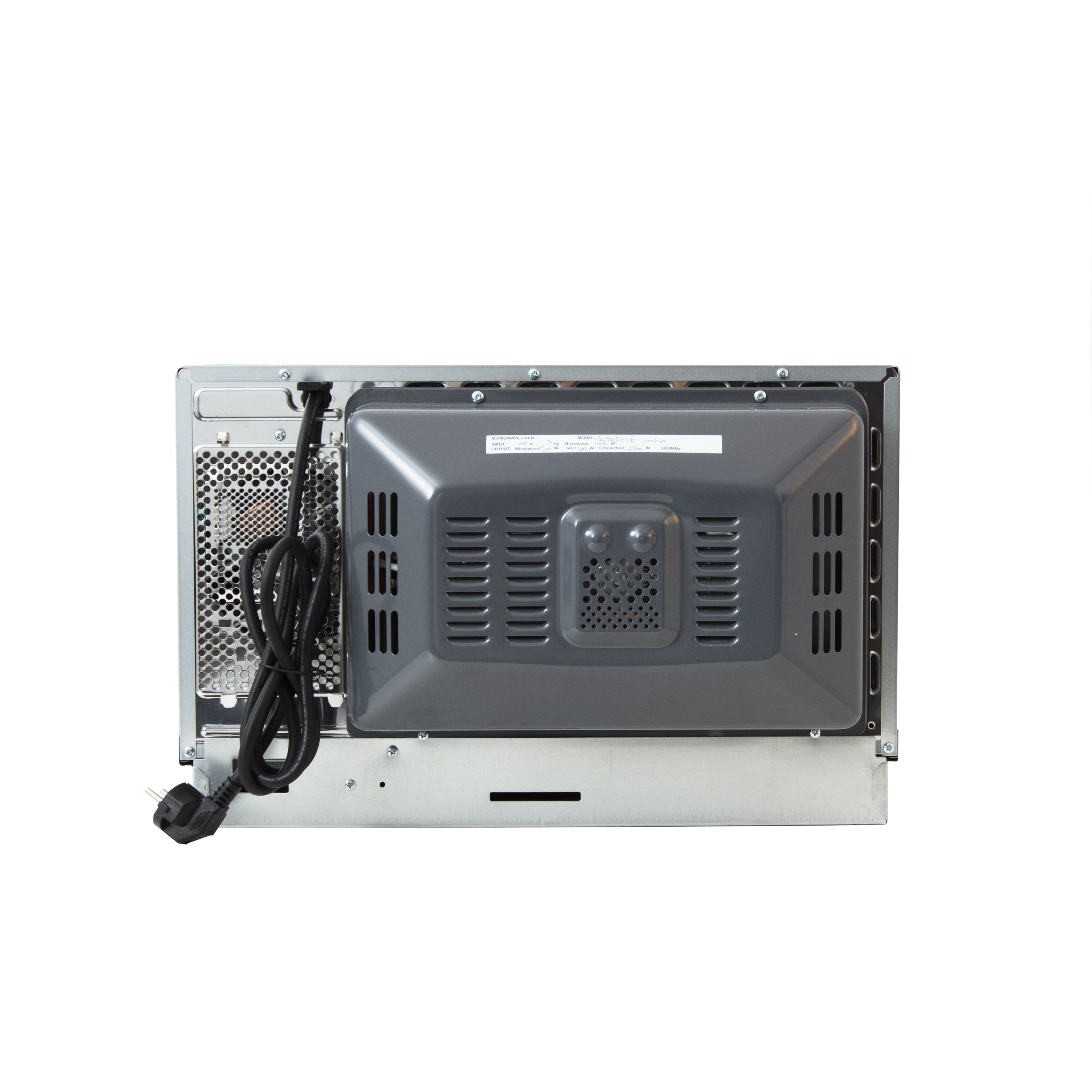 Back view of a microwave oven showing vents and power cord.