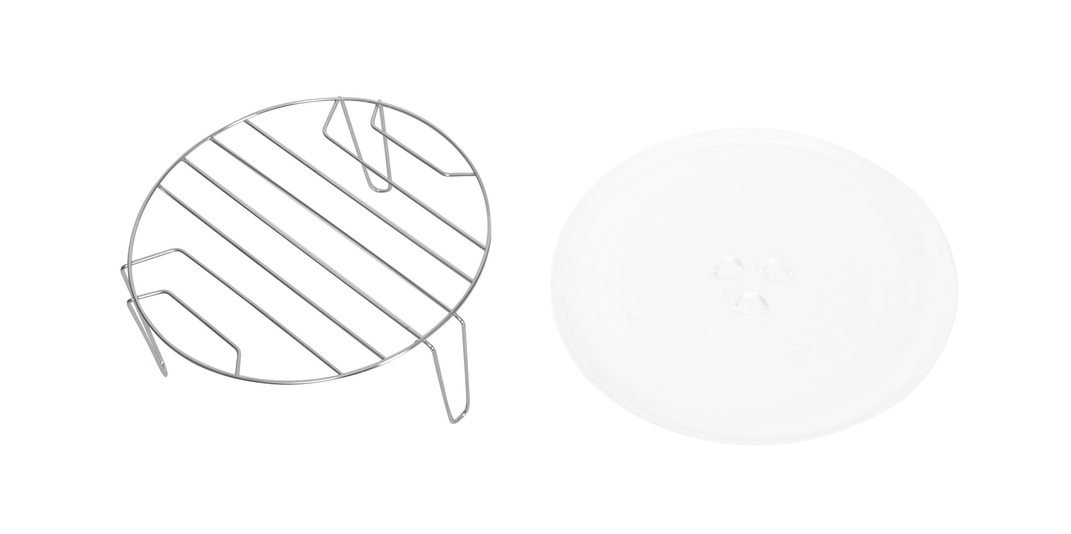 A round metal rack and a round glass plate side-by-side on a white background.