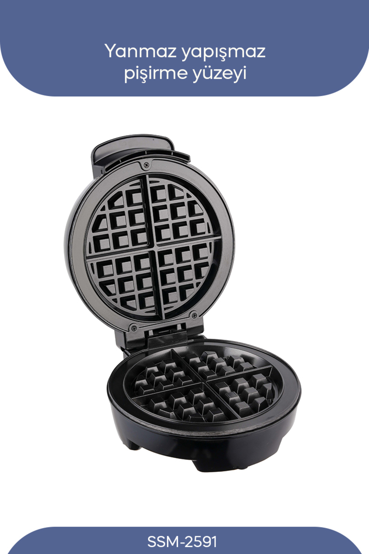 Dört waffle için yuvarlak plakalı, açık, siyah bir waffle makinesi.