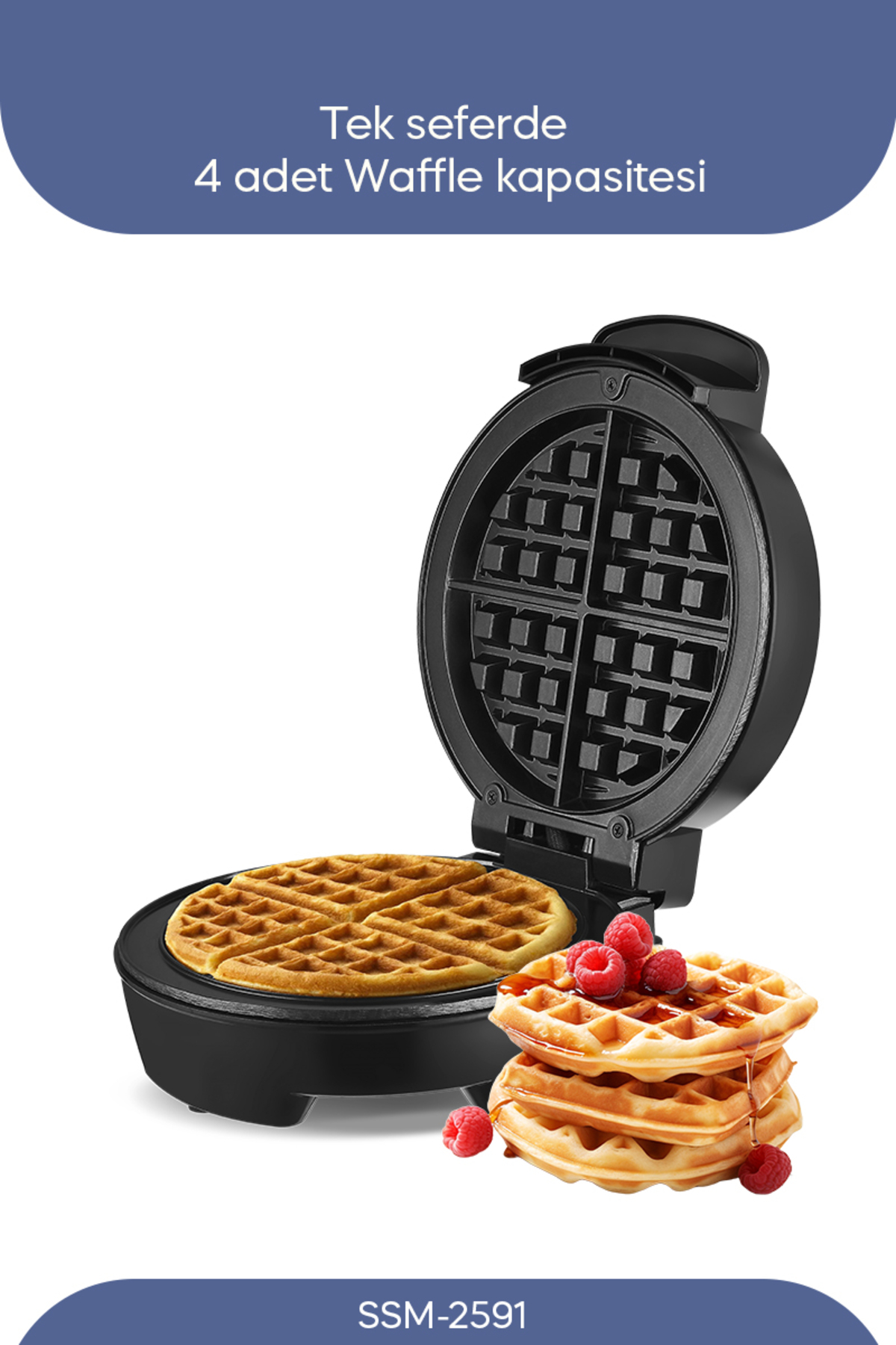 4 waffle kapasiteli siyah waffle makinesi, biri makinede, böğürtlülere istiflenmiş.