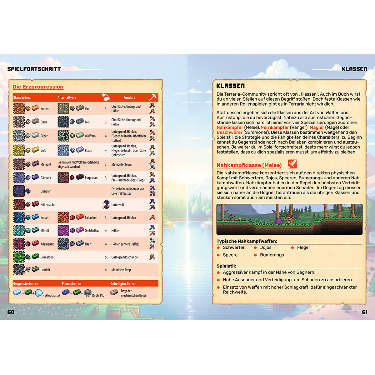 Spiel-Fortschritt: Erzprogression mit Fundorten. Klassenübersicht mit Nahkampf.
