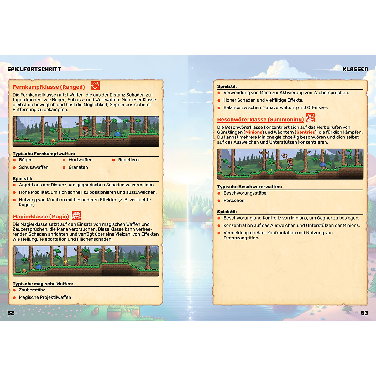 Spielinformationen über Fernkampf-, Magier- und Beschwörerklassen mit Bildern.