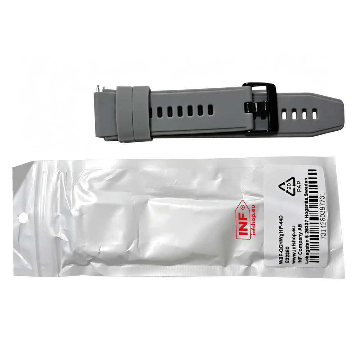 Graues Uhrenarmband mit schwarzer Schnalle, verpackt in einer silbernen Tüte.