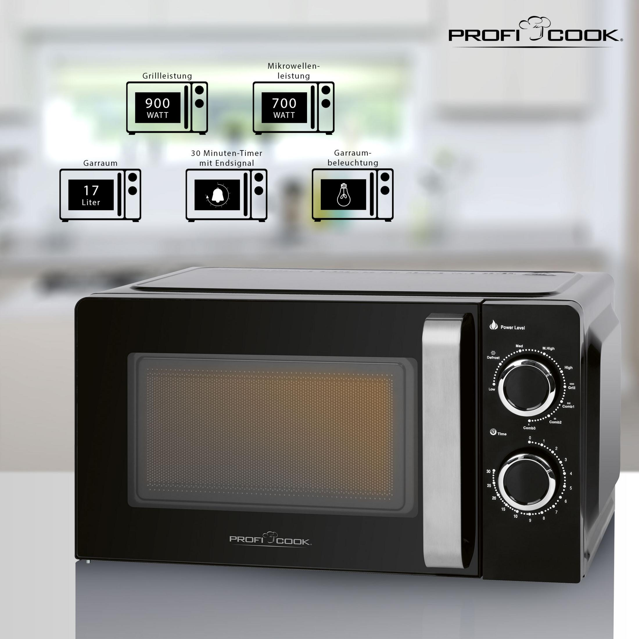 Schwarze ProfiCook Mikrowelle, 17L, 900W Grill, 700W Mikrowellenleistung.