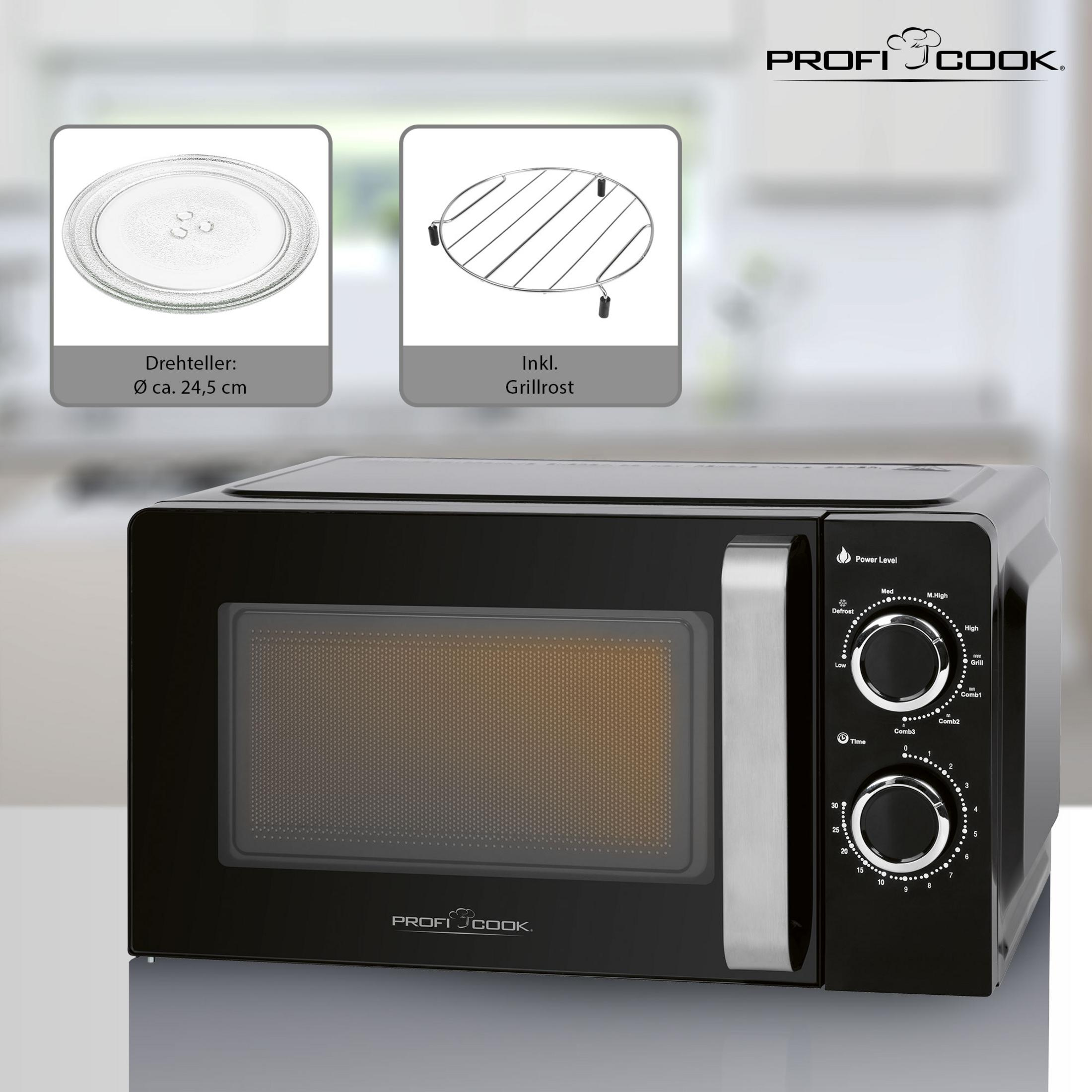 Schwarze Mikrowelle mit Drehteller und Grillrost, Profi Cook Logo.