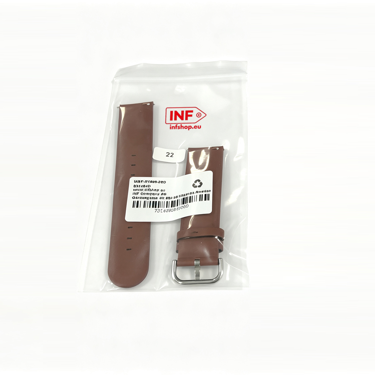 Braunes Lederarmband für Uhren im Plastikbeutel mit Etikett und Barcode.