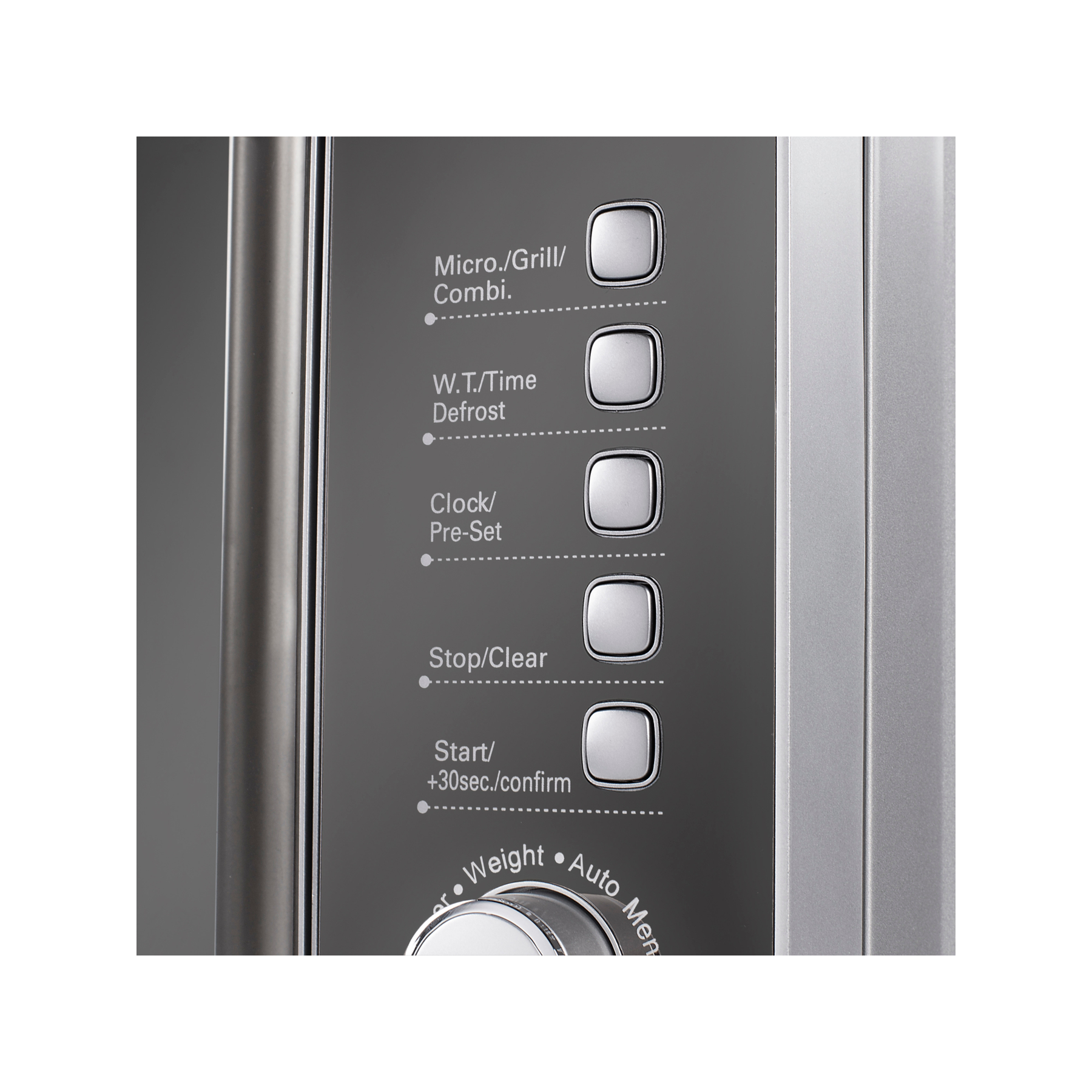 Pannello di controllo microonde con pulsanti per micro/grill, scongelamento, orologio, stop/clear e avvio.