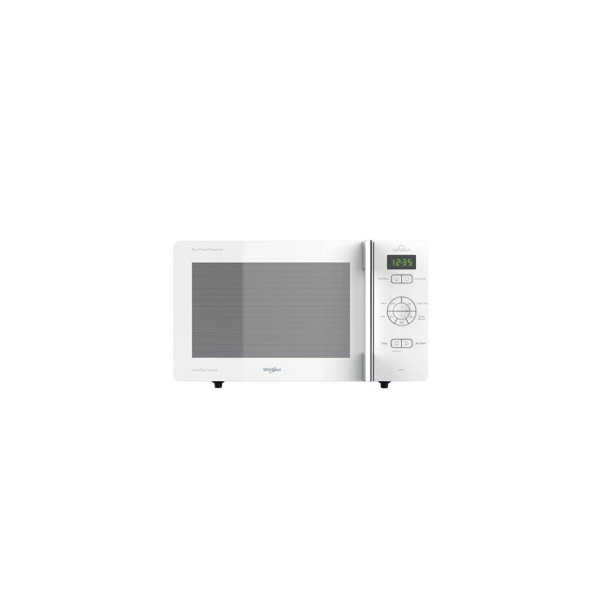 Un microonde bianco con display digitale e pannello di controllo.