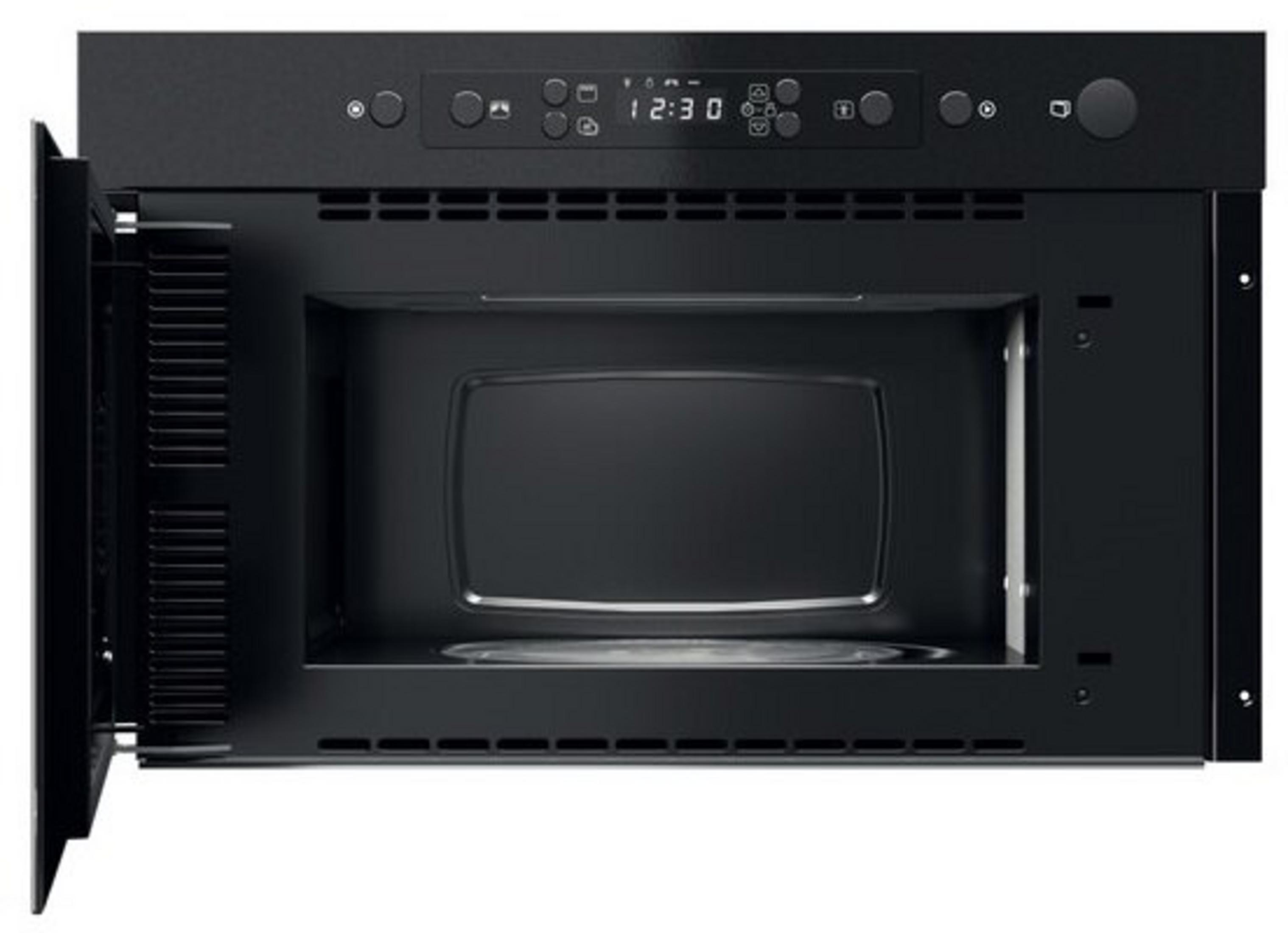 Un forno a microonde da incasso nero con porta aperta e display digitale.