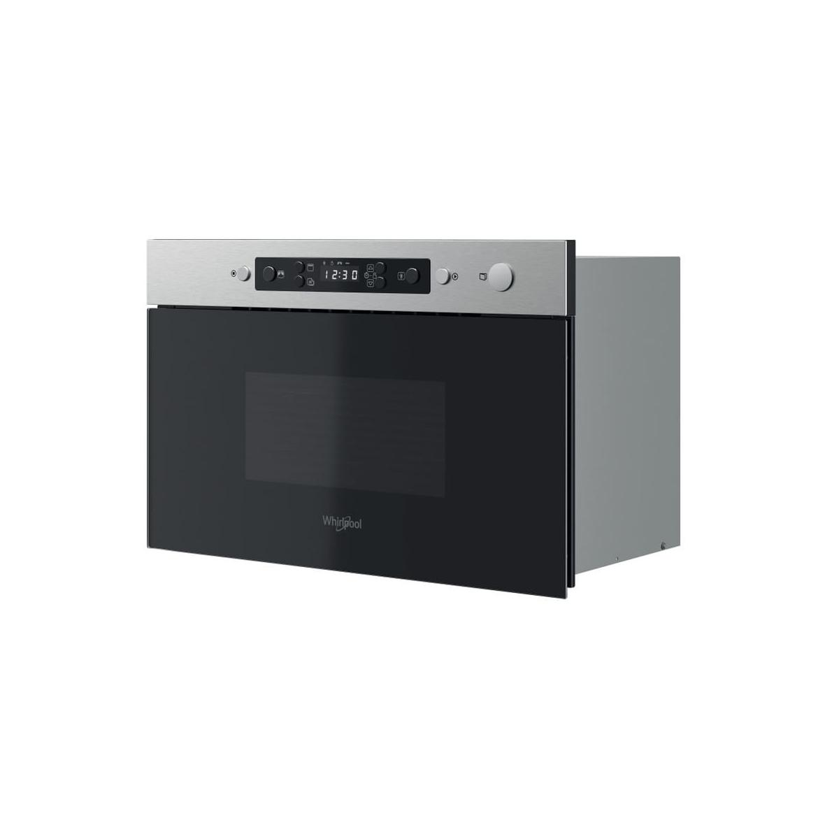 Forno da incasso argento con porta nera e display digitale.