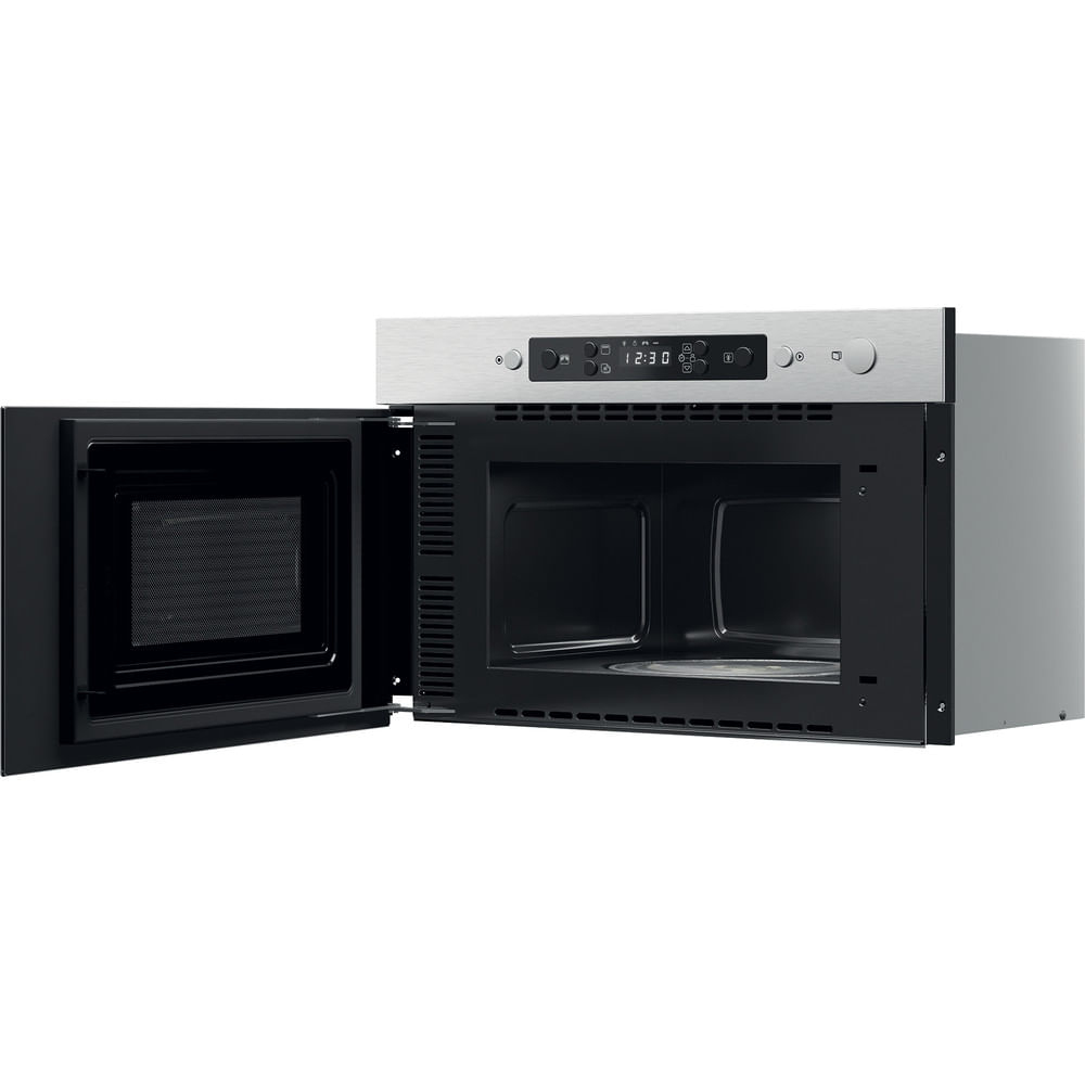Un forno a microonde da incasso argento con la porta aperta, che rivela un interno nero.