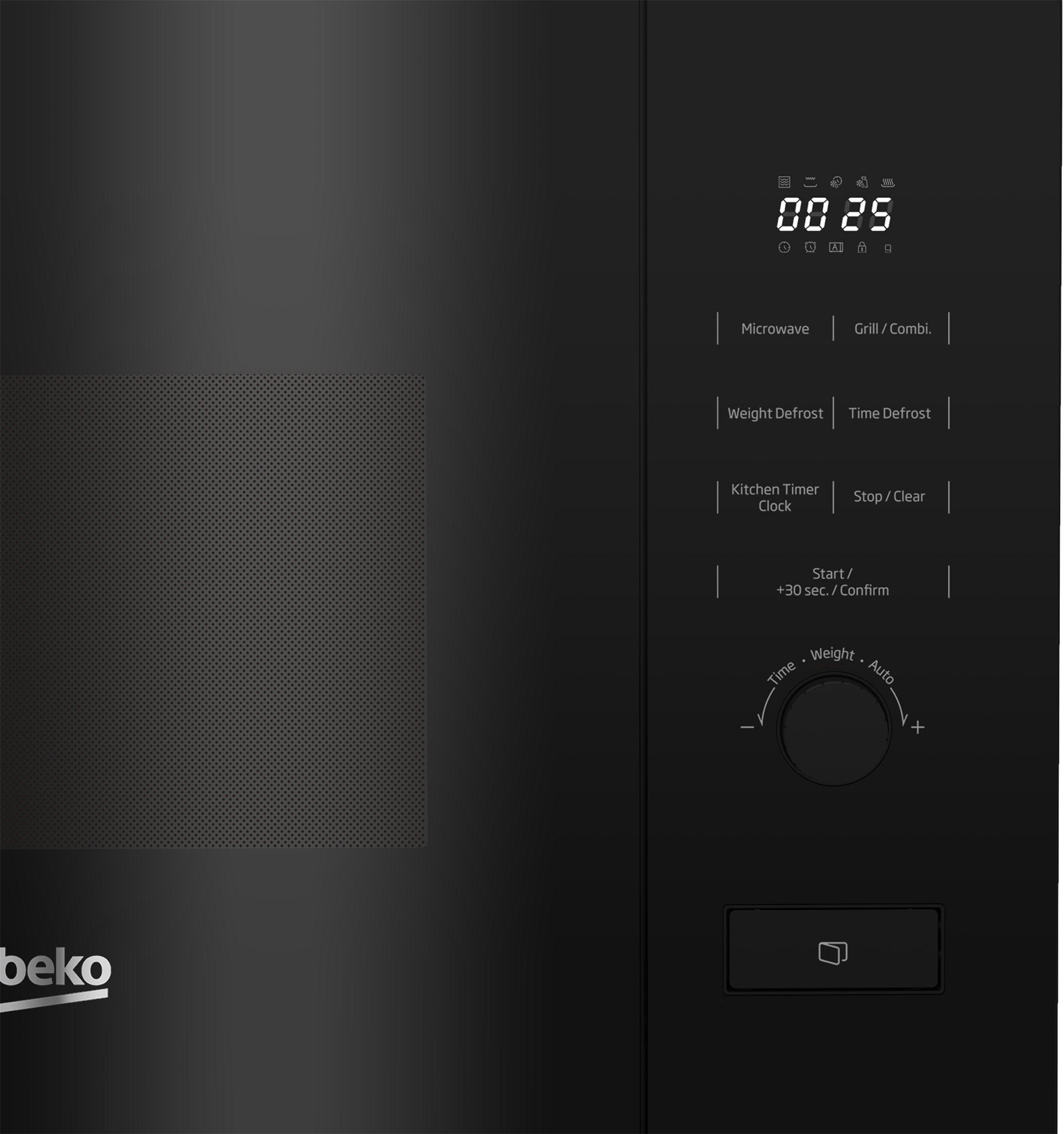 Forno a microonde nero con display digitale e pulsanti di controllo.