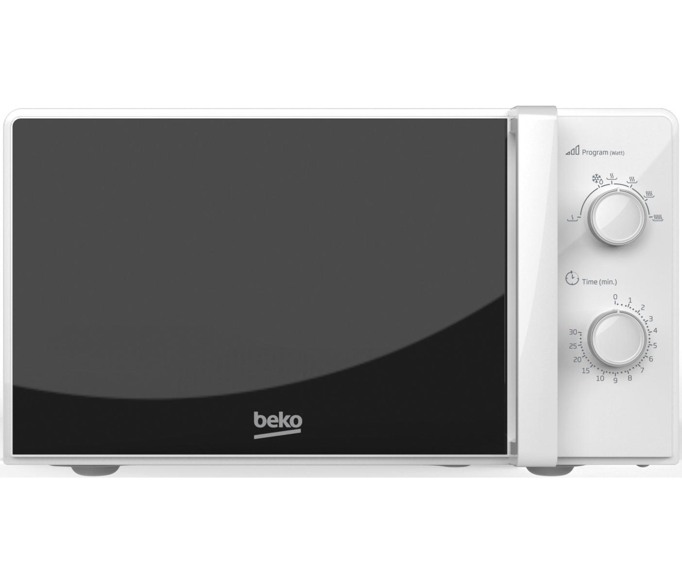 Forno a microonde bianco con porta nera e due manopole di controllo.