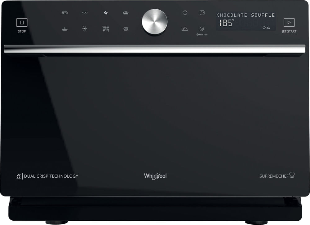 Black oven with touchscreen control panel, silver dial, and chrome handle.