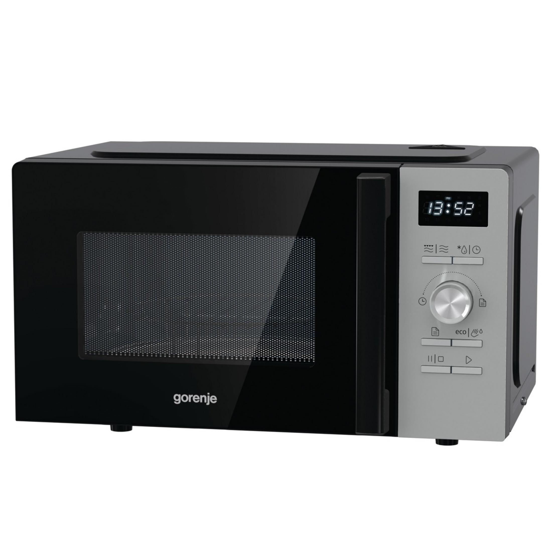 Forno a microonde Gorenje nero con pannello comandi argento e display digitale.