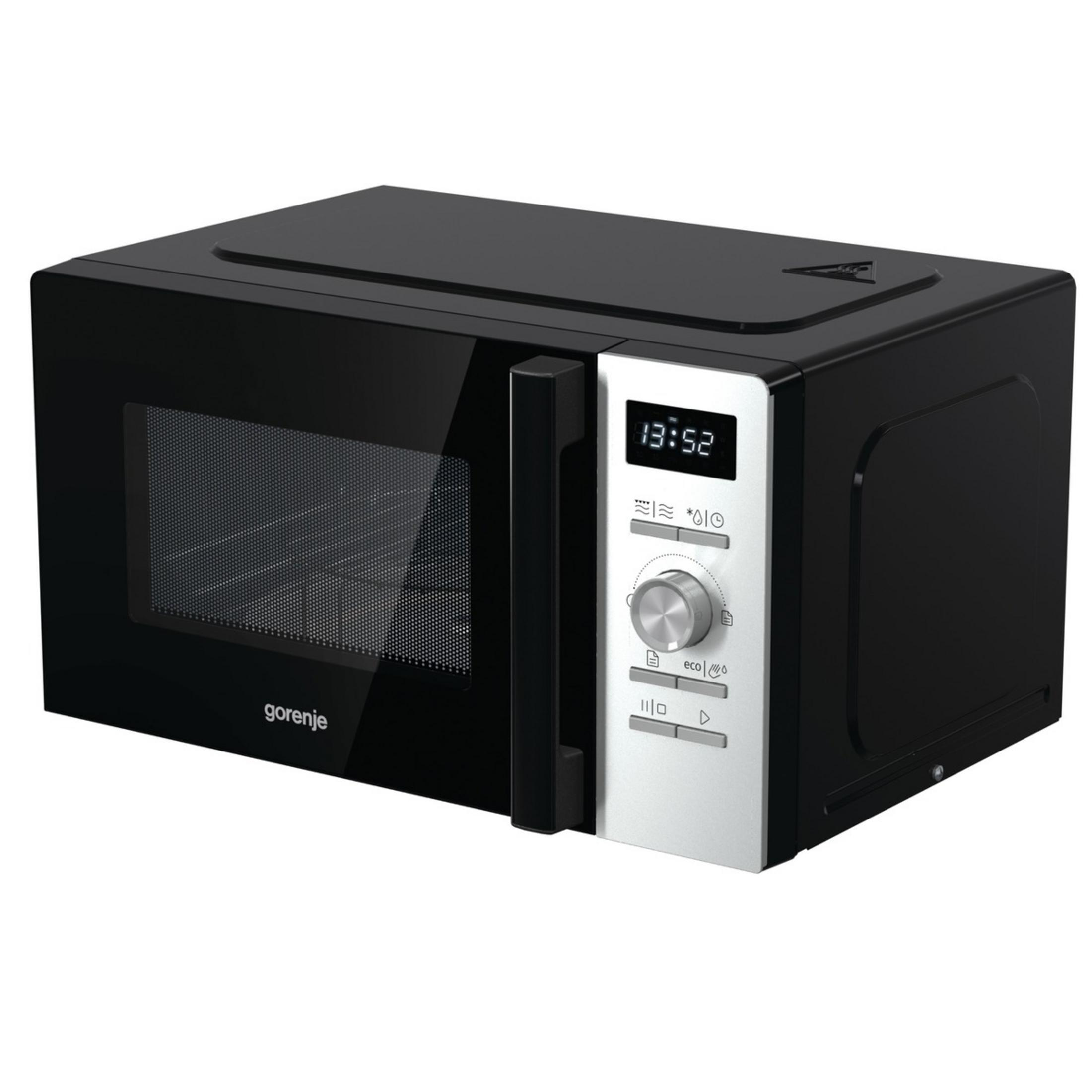 Forno a microonde nero con pannello di controllo argentato e orologio digitale.