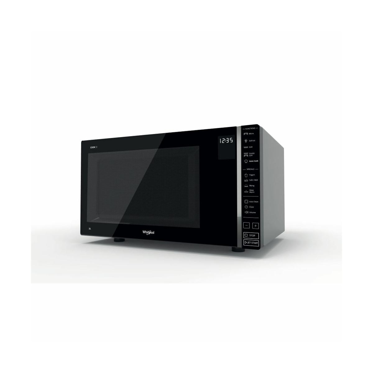 Microondas negro con pantalla digital y panel de control lateral.