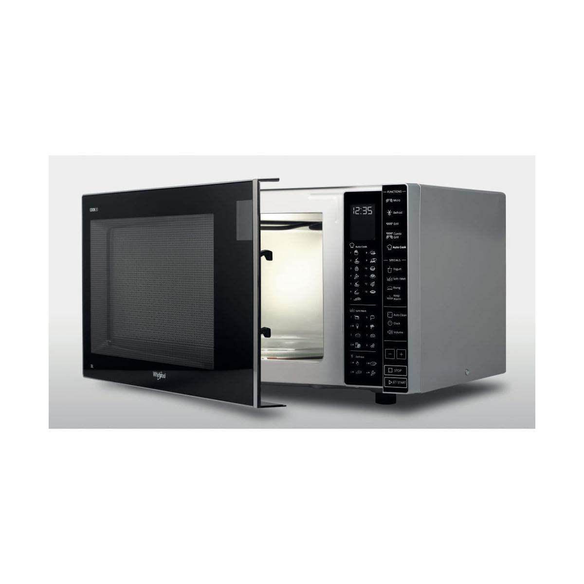 Microondas Whirlpool plateado con puerta entreabierta, pantalla digital 12:35.