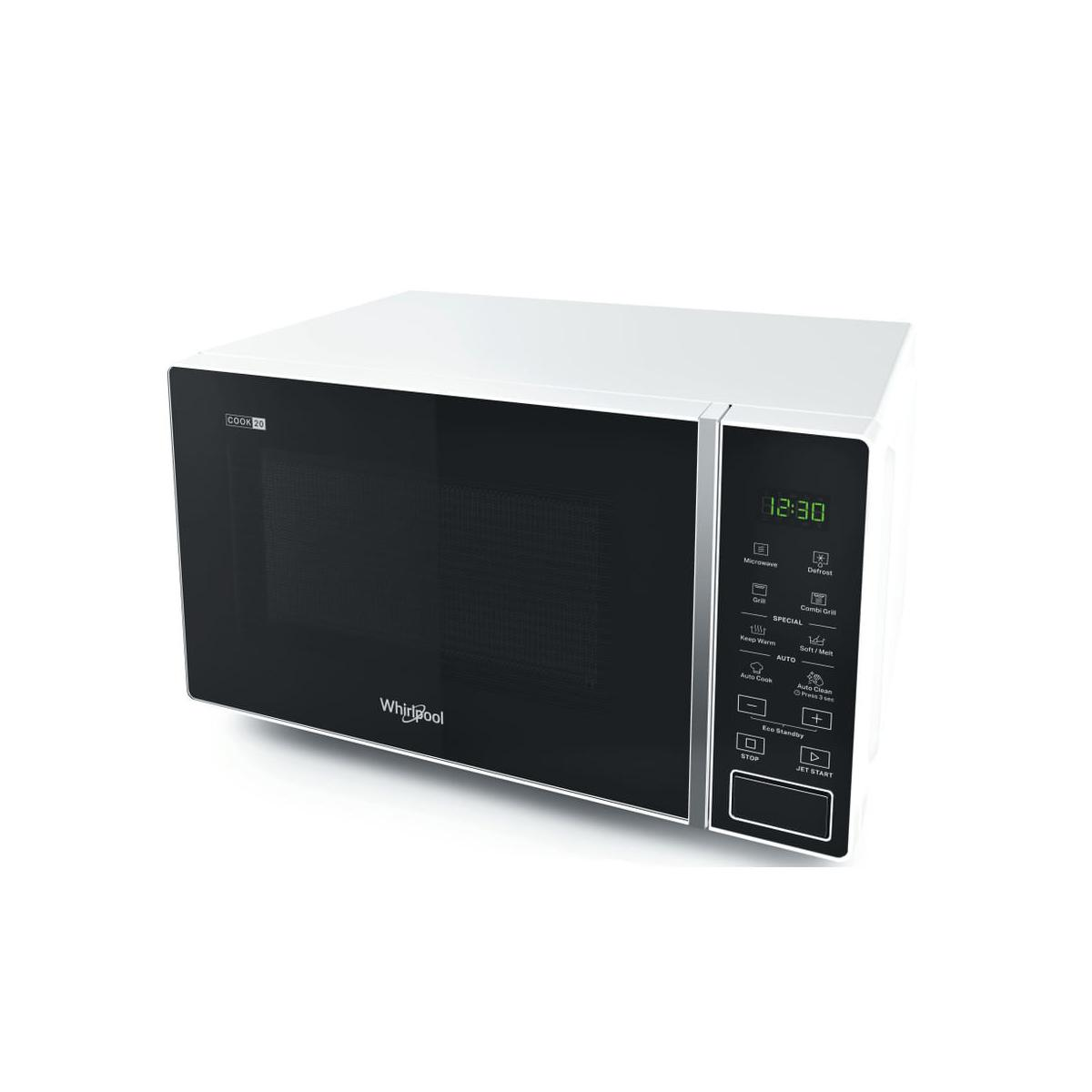 Un forno a microonde Whirlpool bianco con sportello e pannello di controllo neri. Il display digitale mostra 12:30.