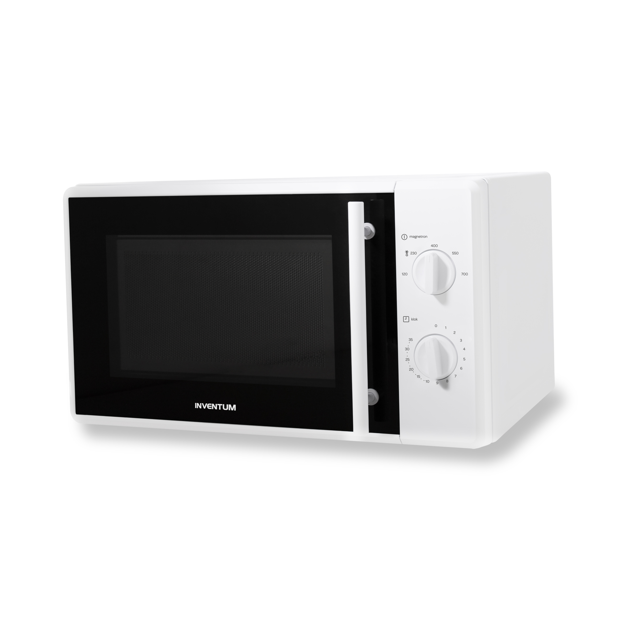 Forno a microonde bianco con porta nera e manopole.