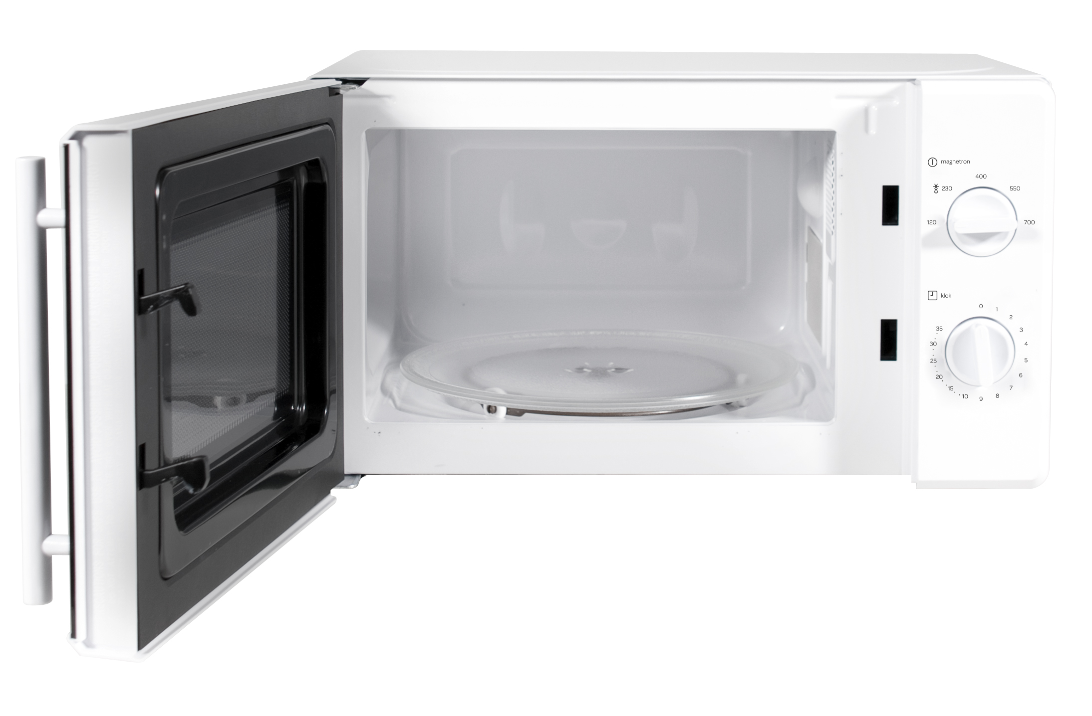 Un forno a microonde bianco con porta aperta, con manopole per potenza e impostazioni tempo.