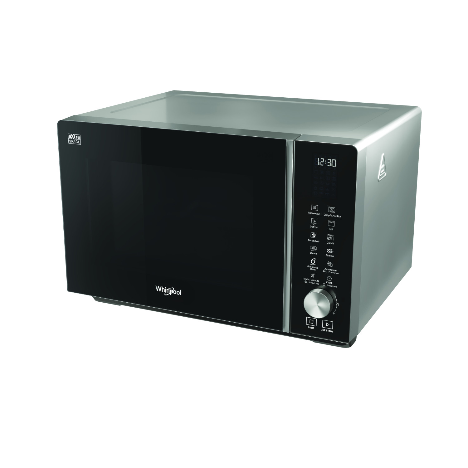 Un forno a microonde Whirlpool argento con porta nera e display digitale.