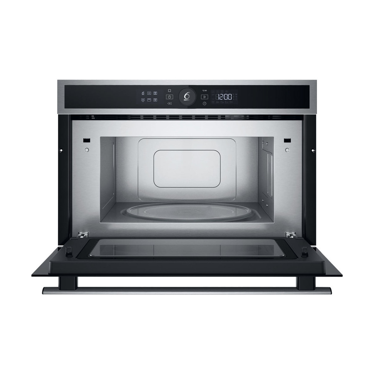 Un microonde da incasso aperto in acciaio inox con display digitale e piatto girevole.