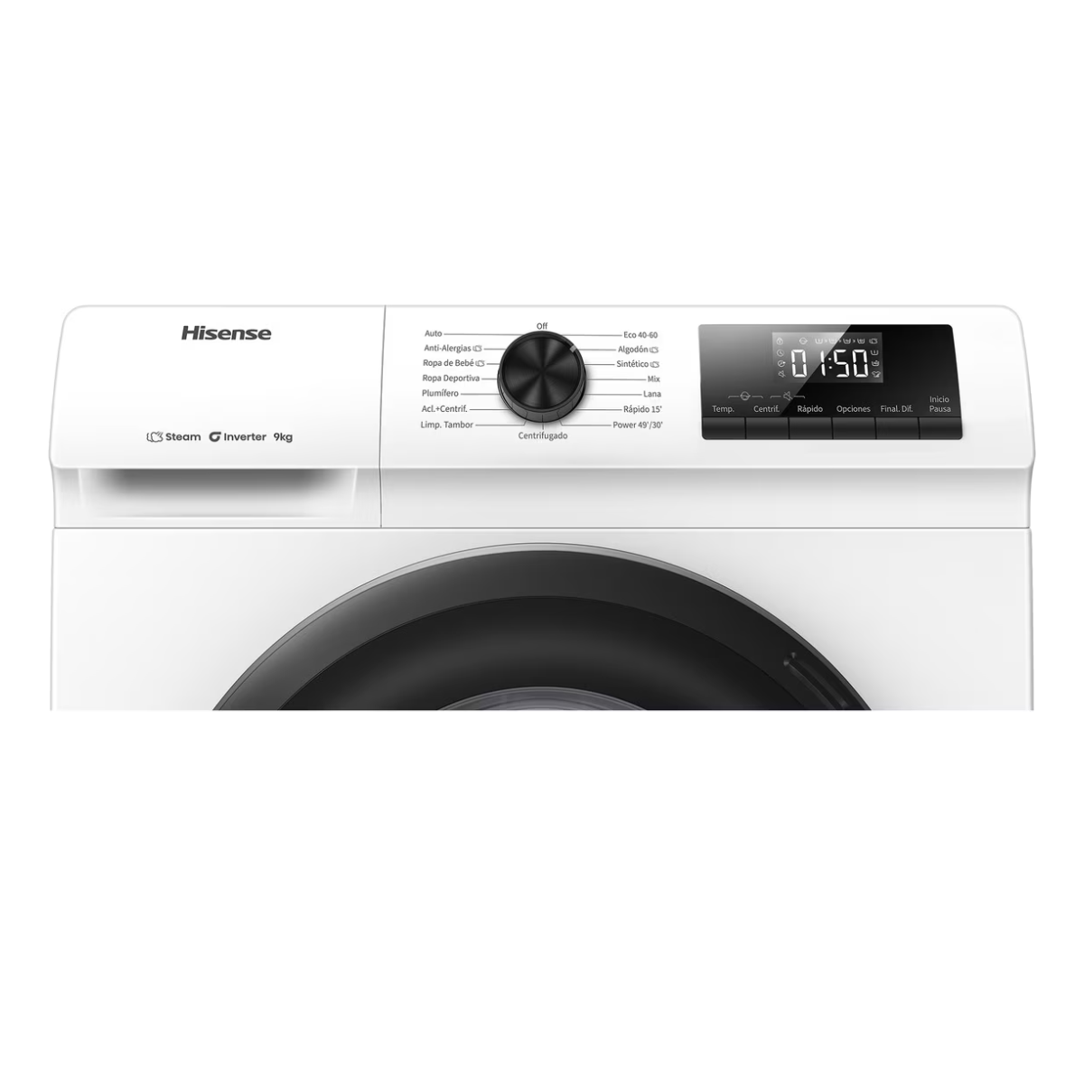 Weiße Hisense Waschmaschine mit Display und Drehknopf für Programme.