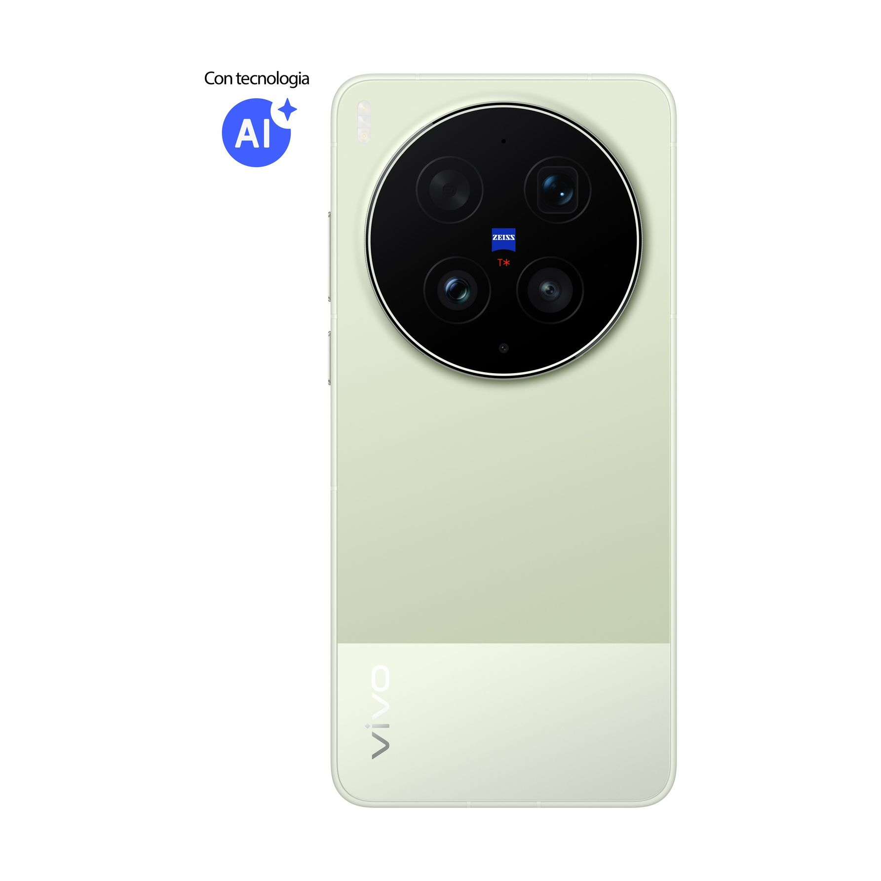Ein hellgrünes Smartphone mit vier Kameras und dem ZEISS-Logo.