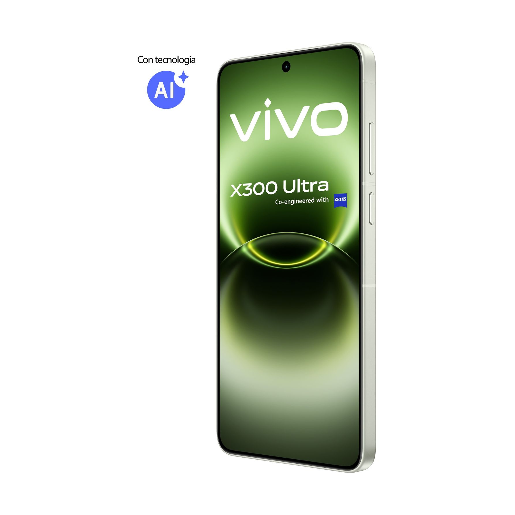 Ein hellgrünes Vivo X300 Ultra Smartphone mit KI-Technologie und Zeiss-Logo.