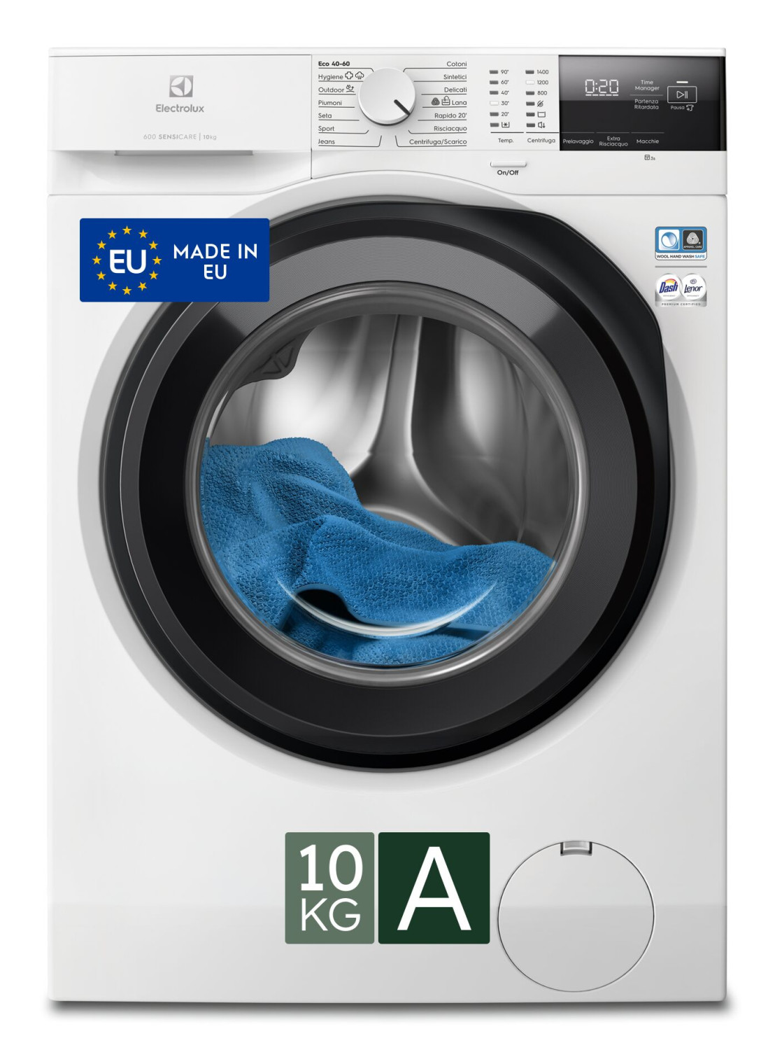 Una lavatrice Electrolux bianca con biancheria blu all'interno del cestello. Il pannello di controllo è in alto.