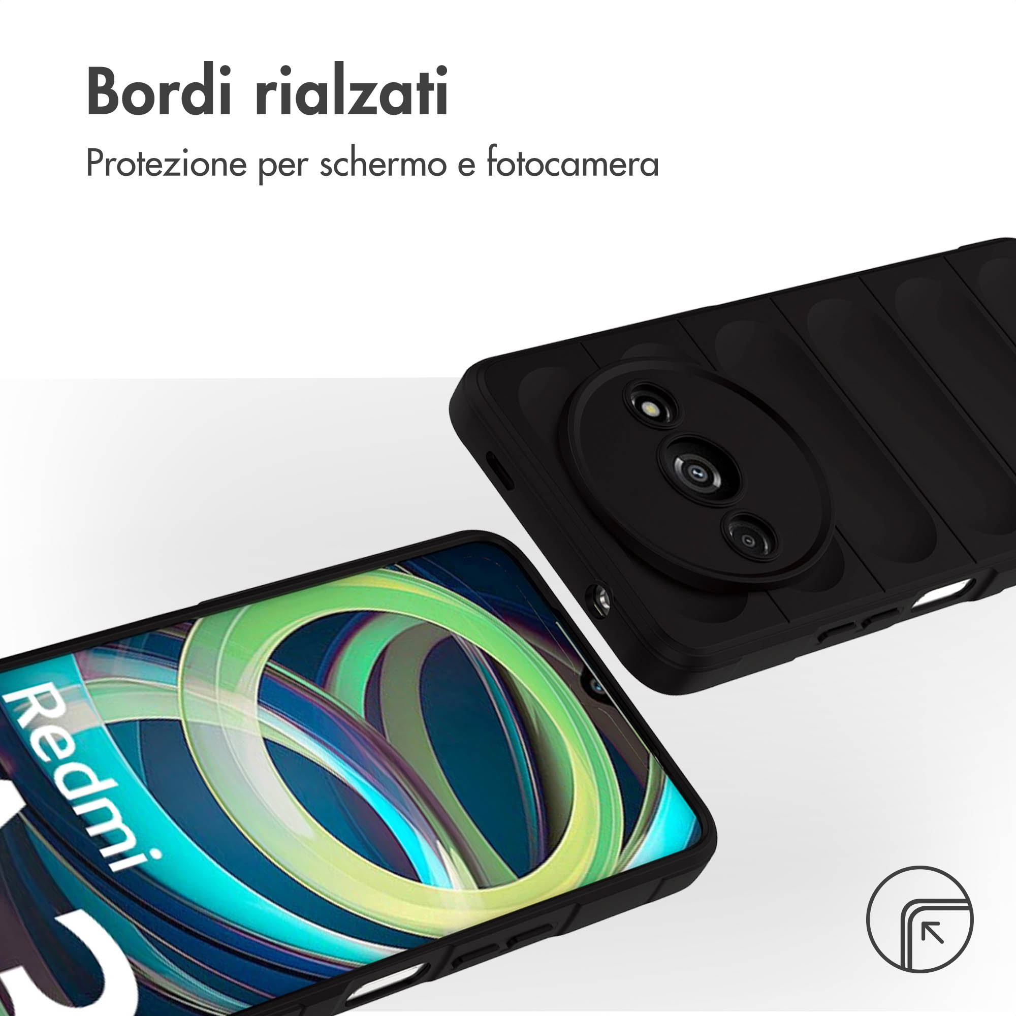 Custodia nera per telefono con protezione isola fotocamera e bordo schermo rialzato.