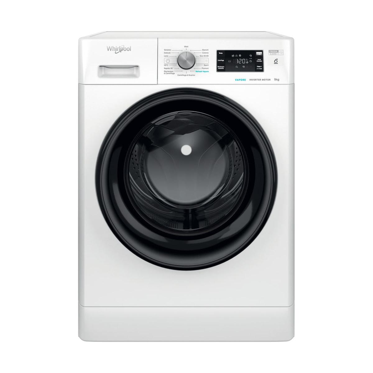 Lavatrice bianca Whirlpool con oblò nero e selettore argentato.