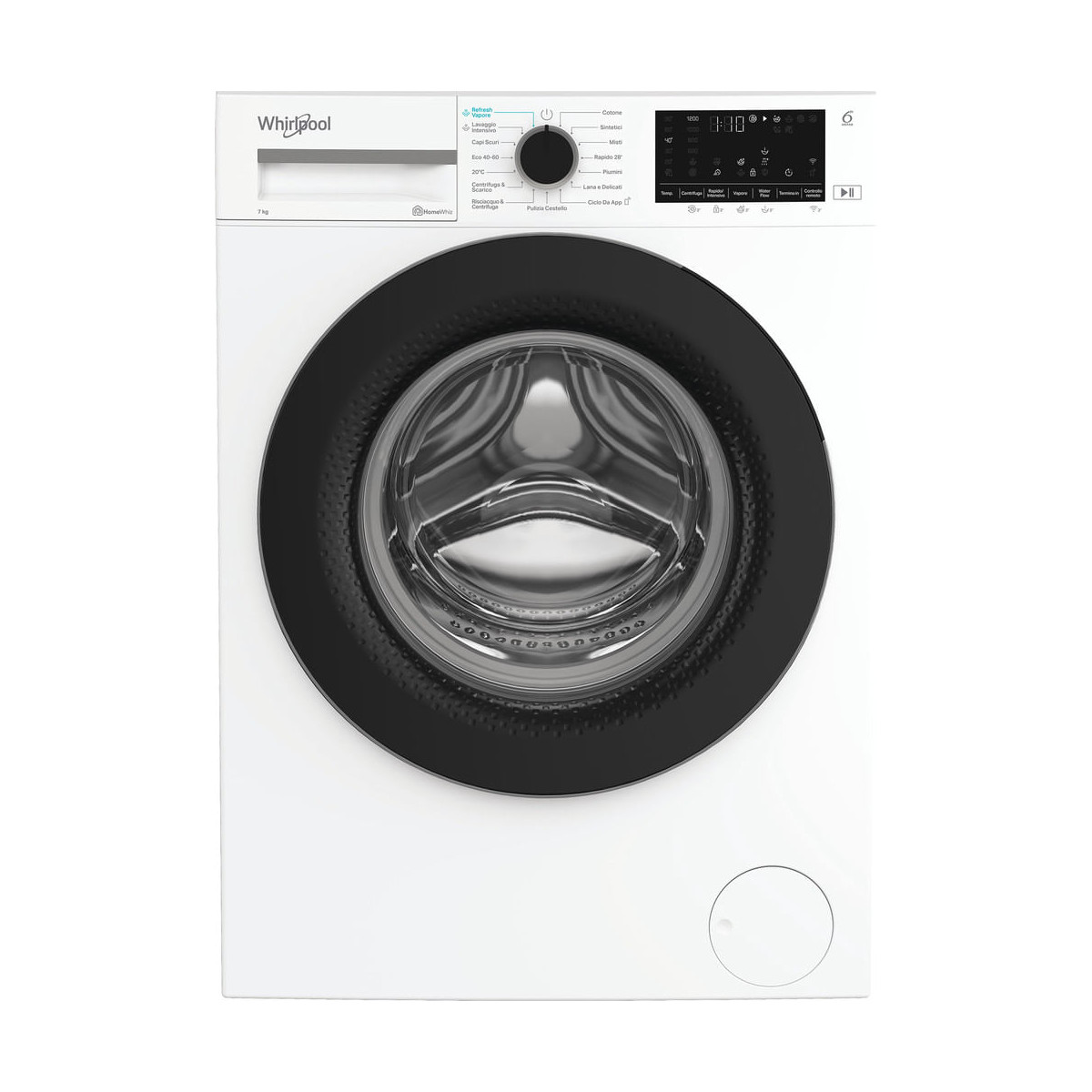 Lavatrice Whirlpool bianca con oblò nero e pannello comandi.