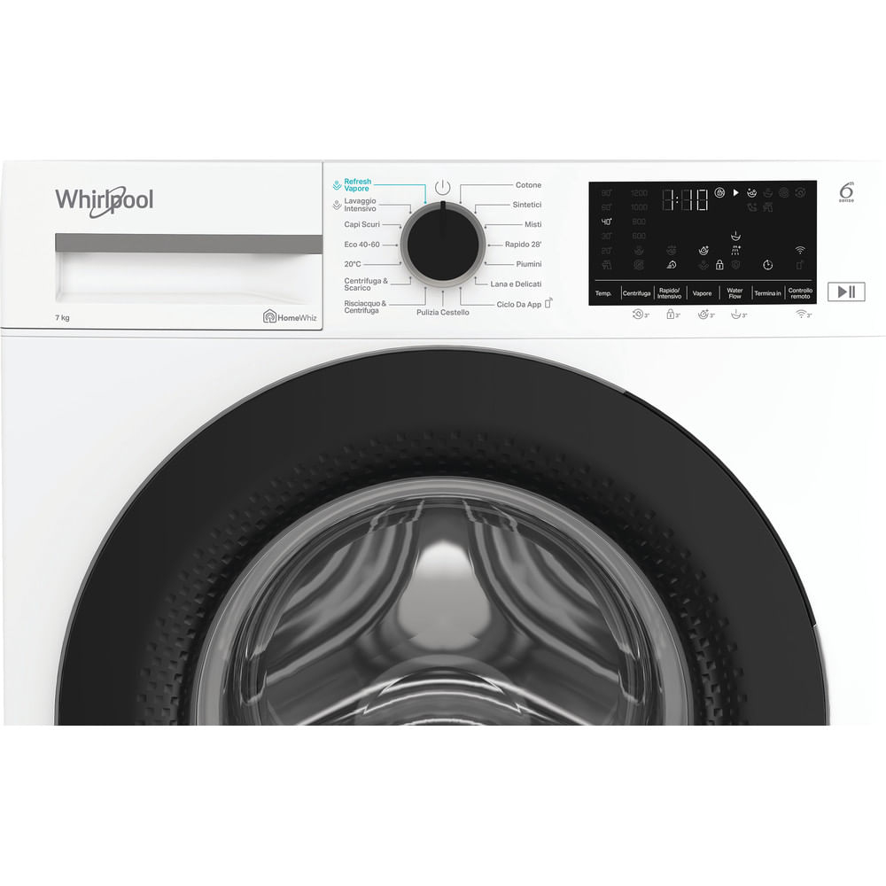Una lavatrice Whirlpool bianca con oblò e pannello di controllo neri.