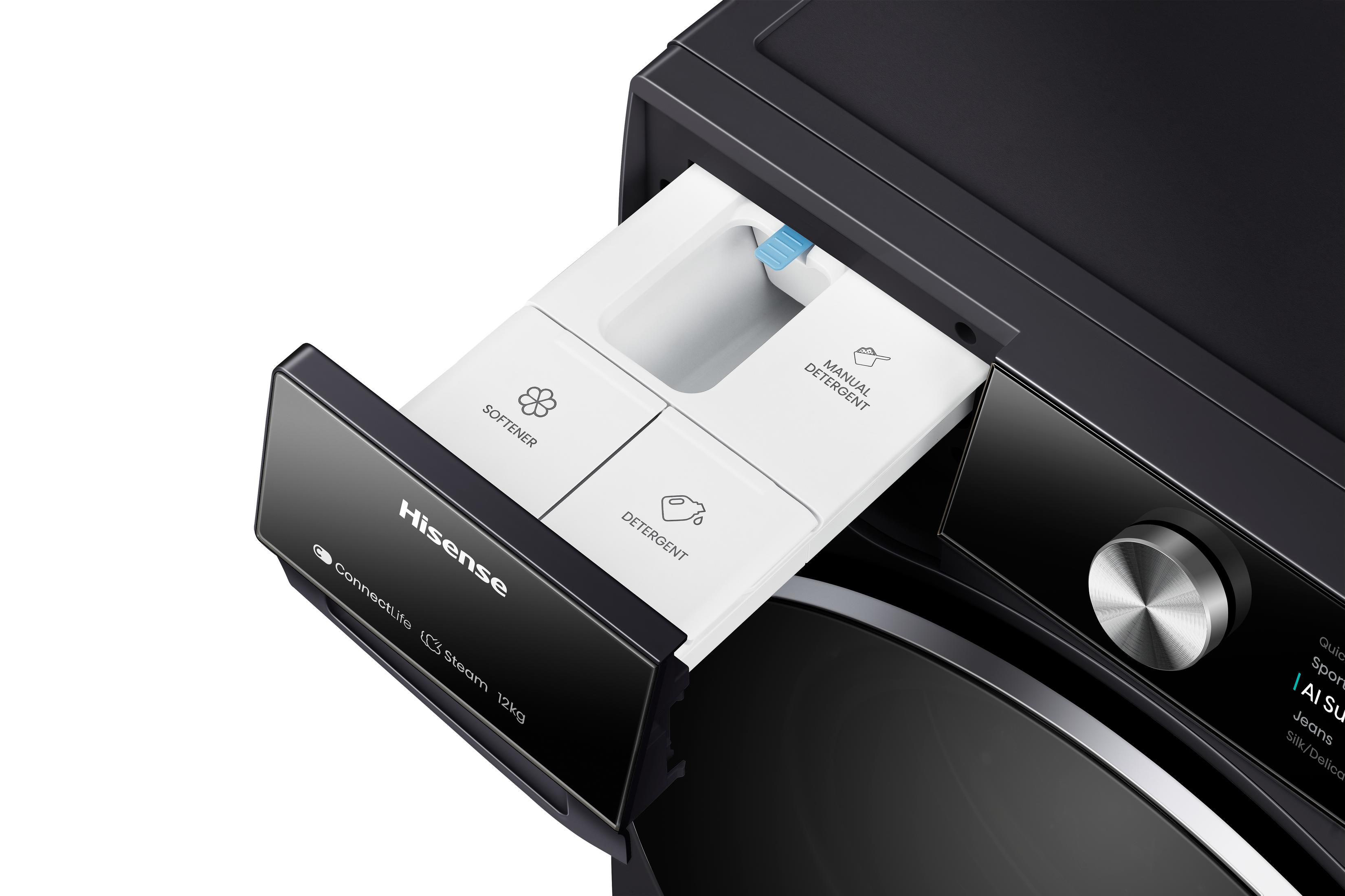 Tiroir à détergent ouvert d'une machine à laver Hisense avec compartiments pour adoucissant et détergent.