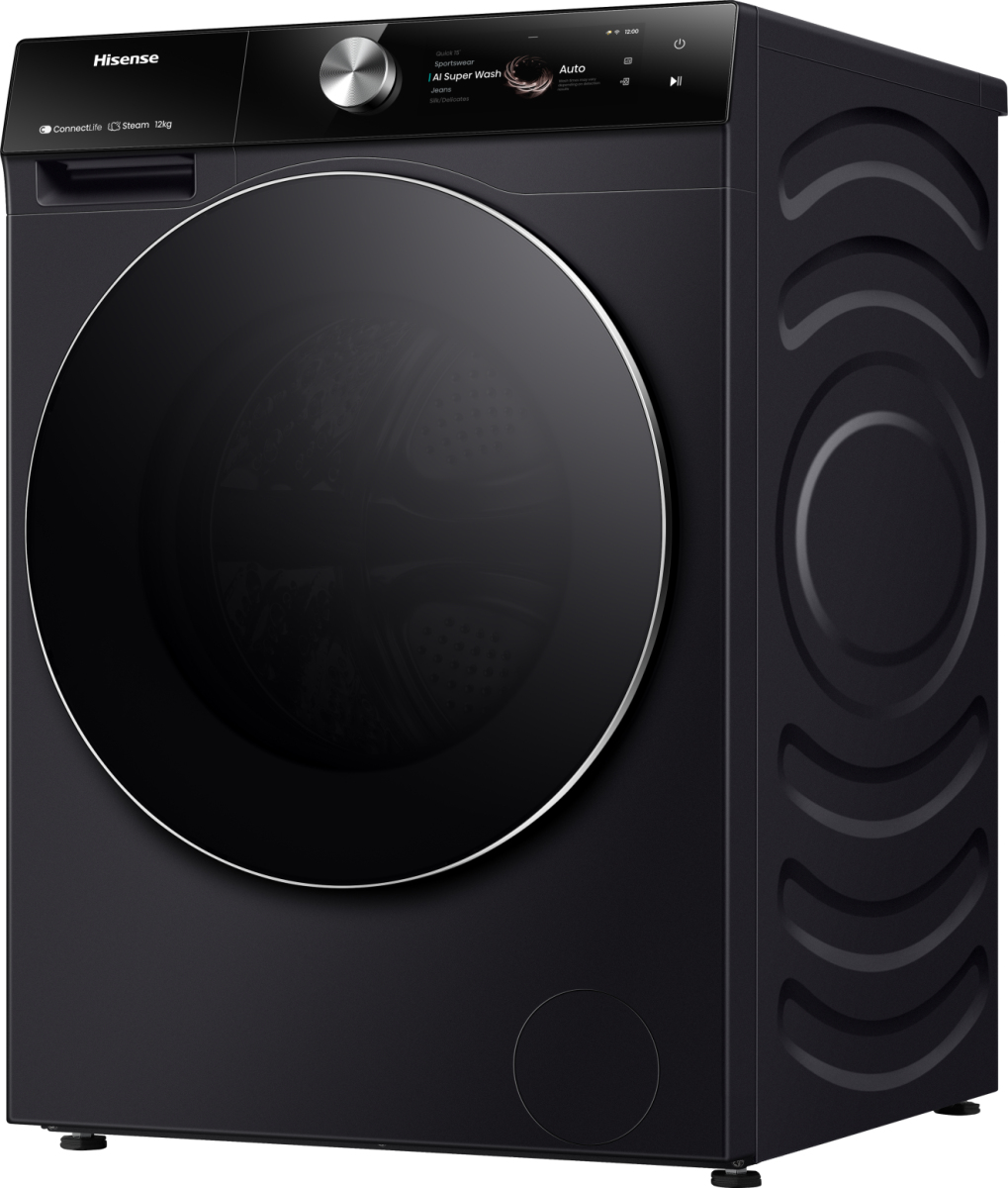 Une machine à laver Hisense noire avec une grande porte ronde en verre et un écran numérique.
