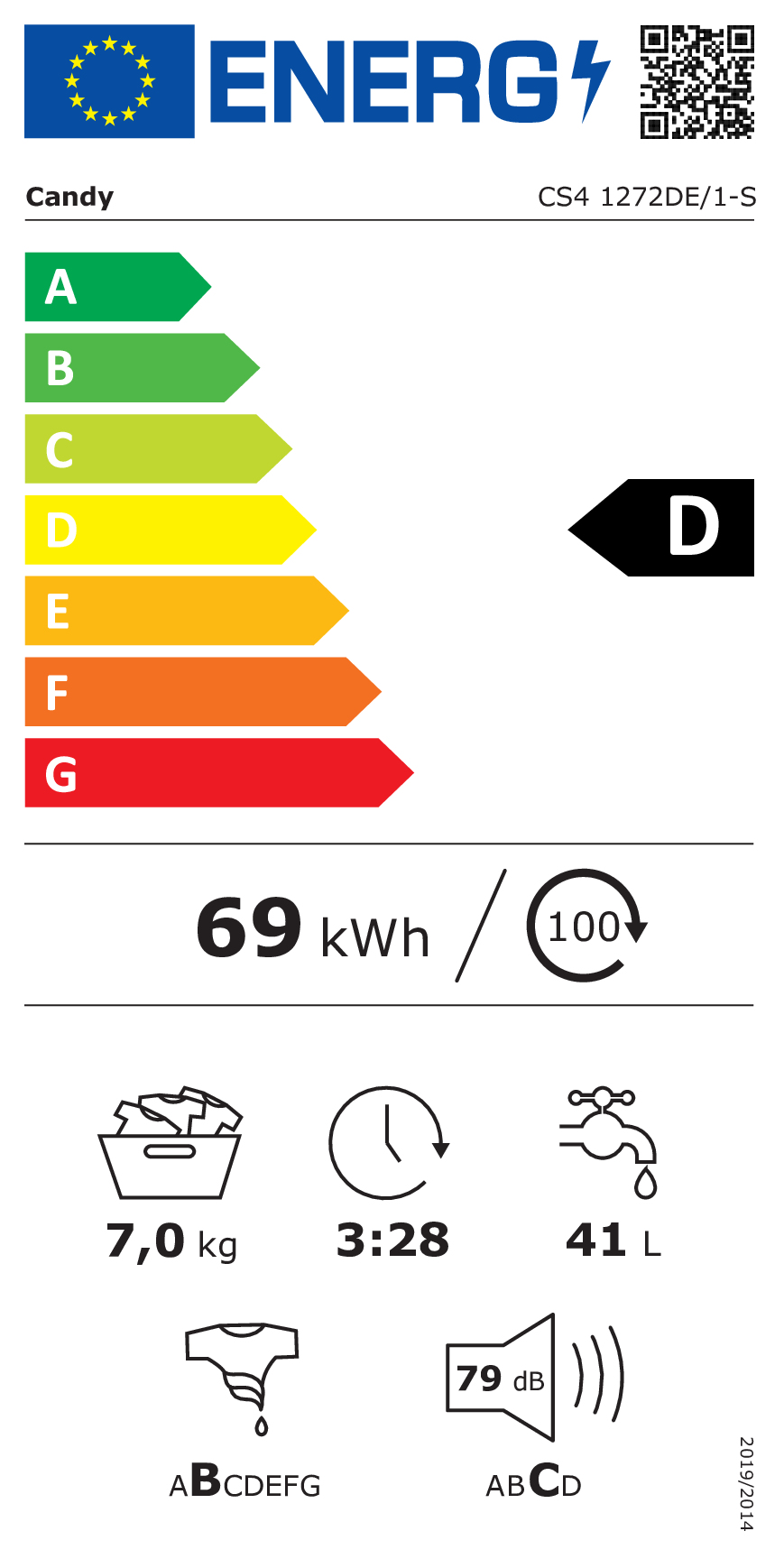 Etichetta energetica: Candy, Classe D, 69 kWh/100 cicli, 7kg, 3:28h, 41L, 79dB.