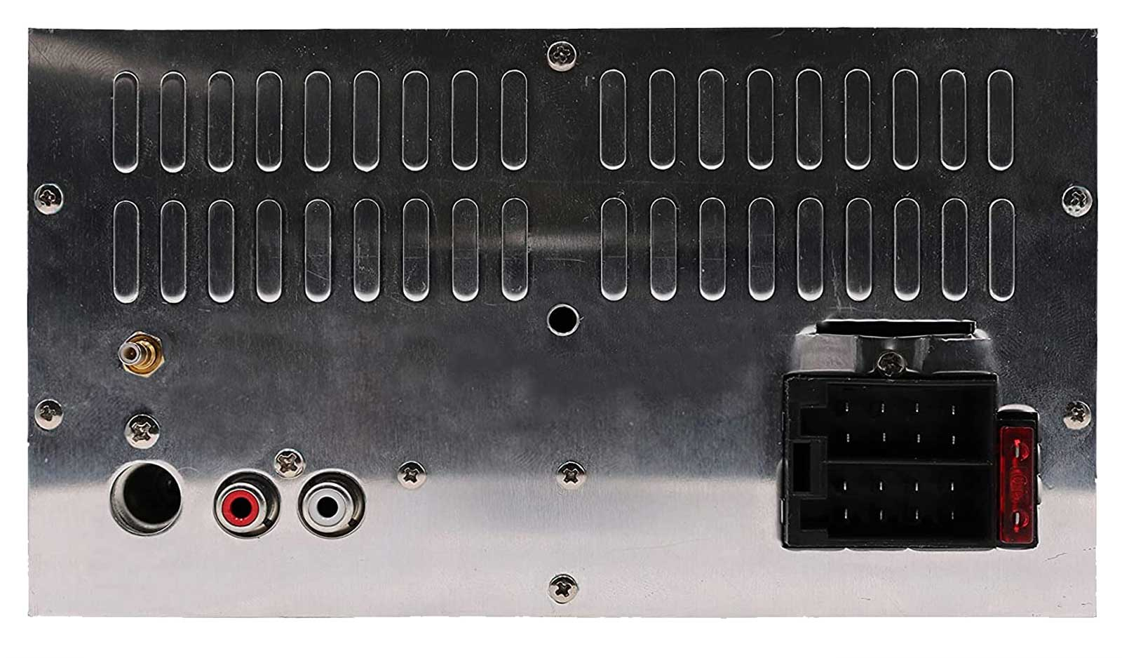 Rückseite eines Autoradios mit Lüftungsschlitzen, Cinch-Anschlüssen und schwarzem Stecker.