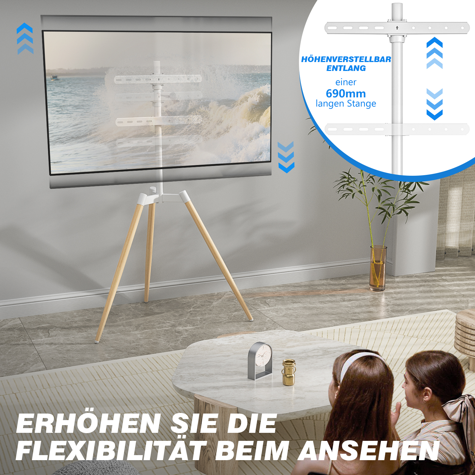 Ein weißer Fernsehständer mit Holzbeinen zeigt einen Bildschirm mit Wellen.