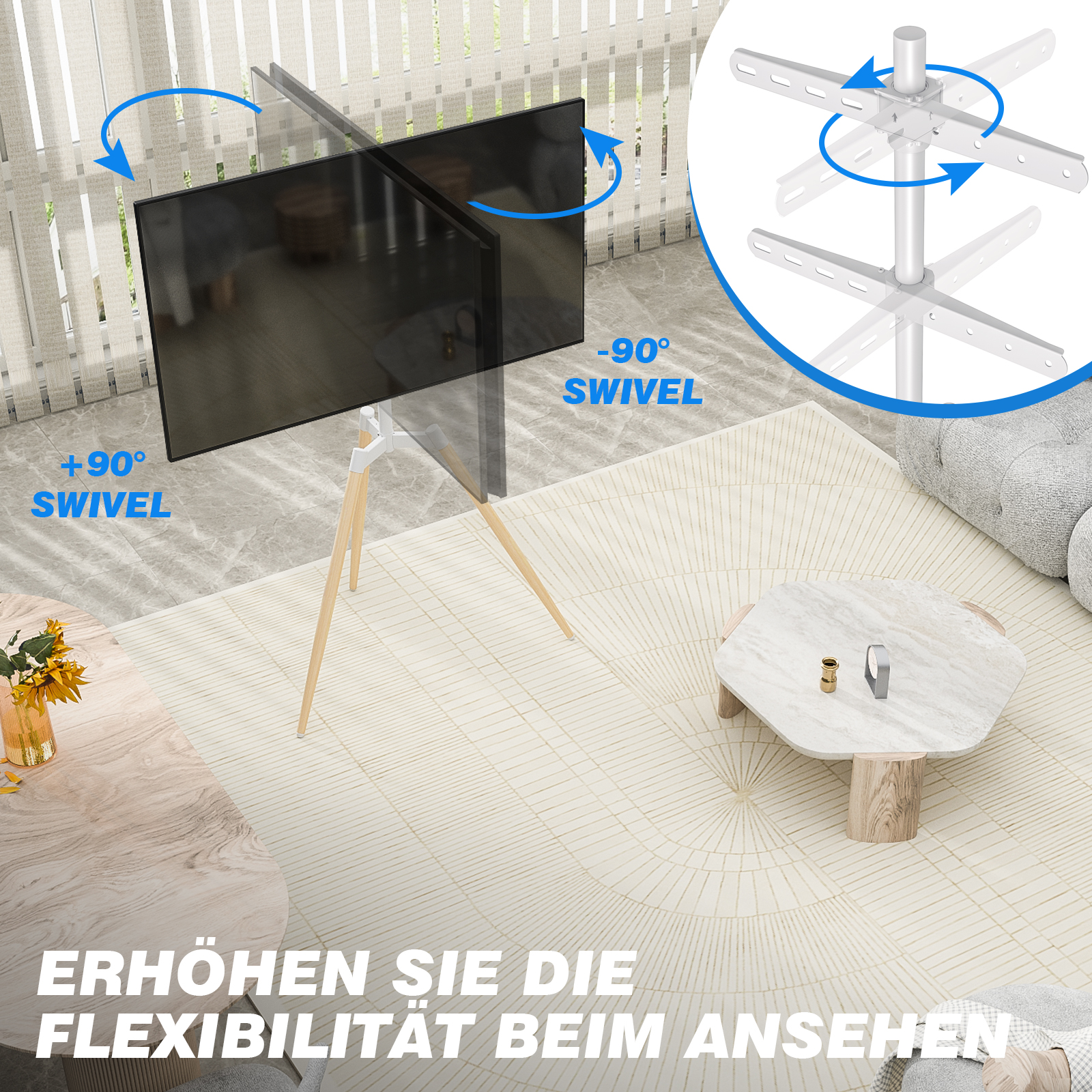 Ein moderner Fernsehständer mit schwenkbarem Bildschirm in einem Wohnzimmer.