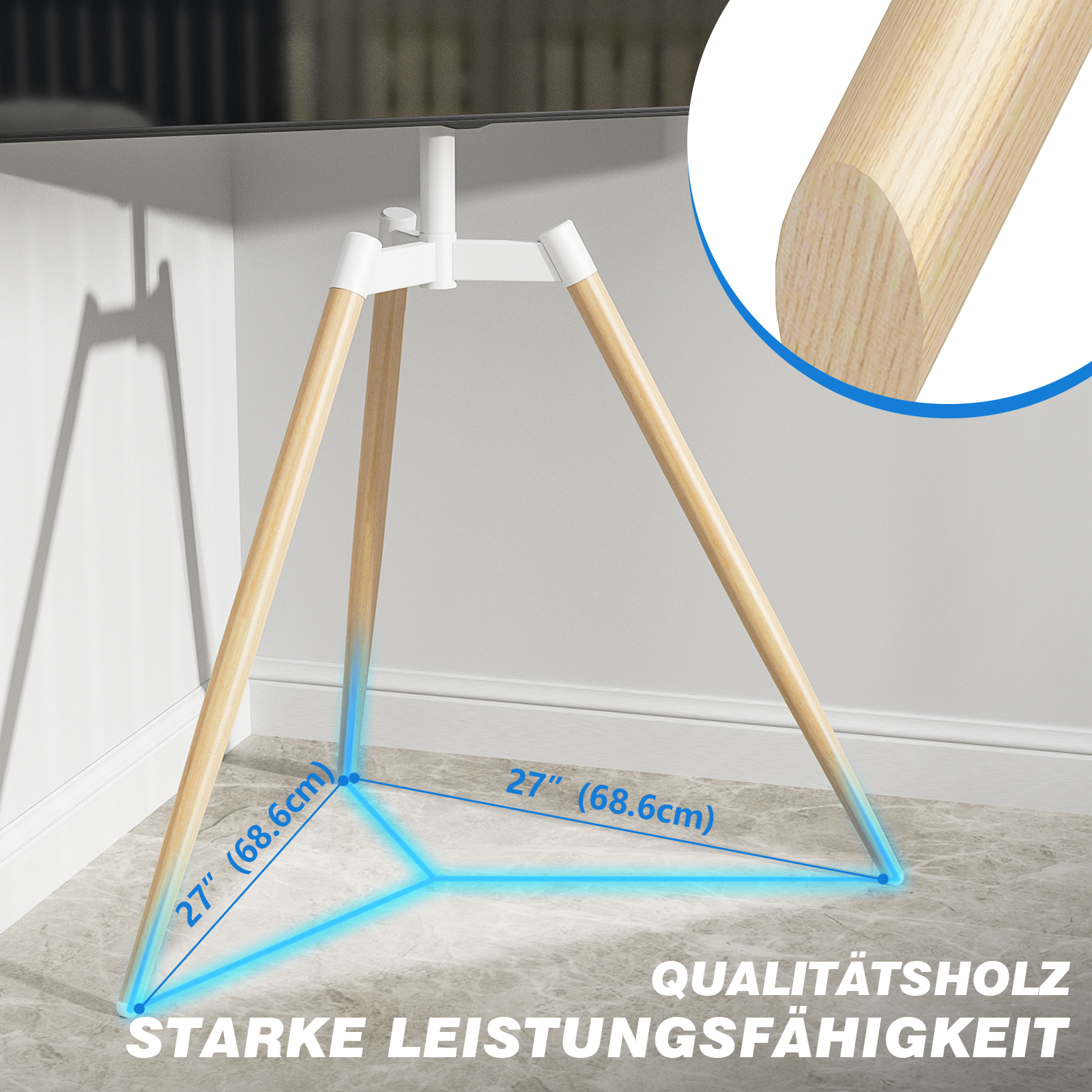 Ein weißer TV-Ständer mit Holzbeinen und Maßen von 27 Zoll (68,6 cm).