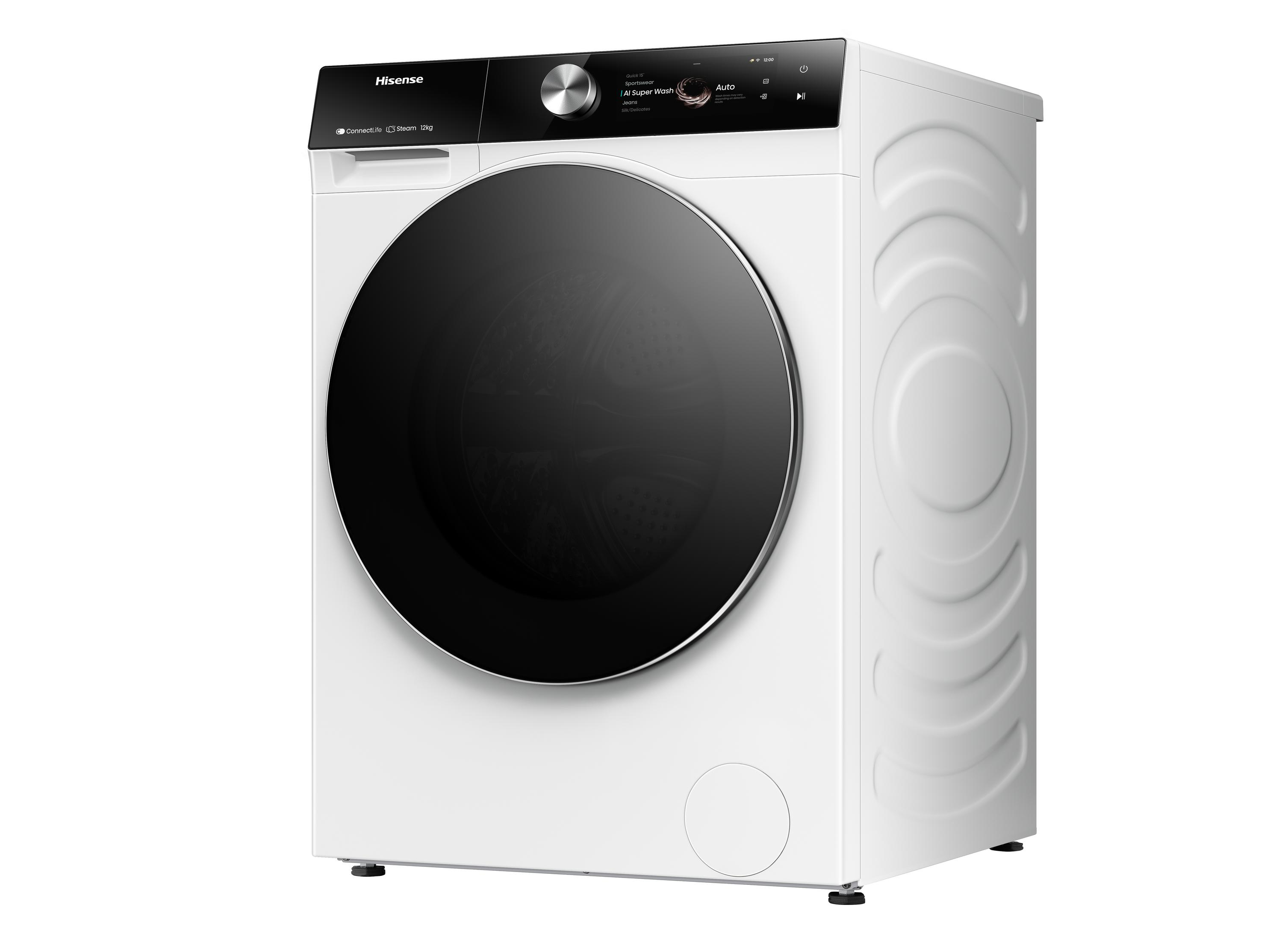 Una lavadora Hisense blanca con puerta negra y pantalla digital.