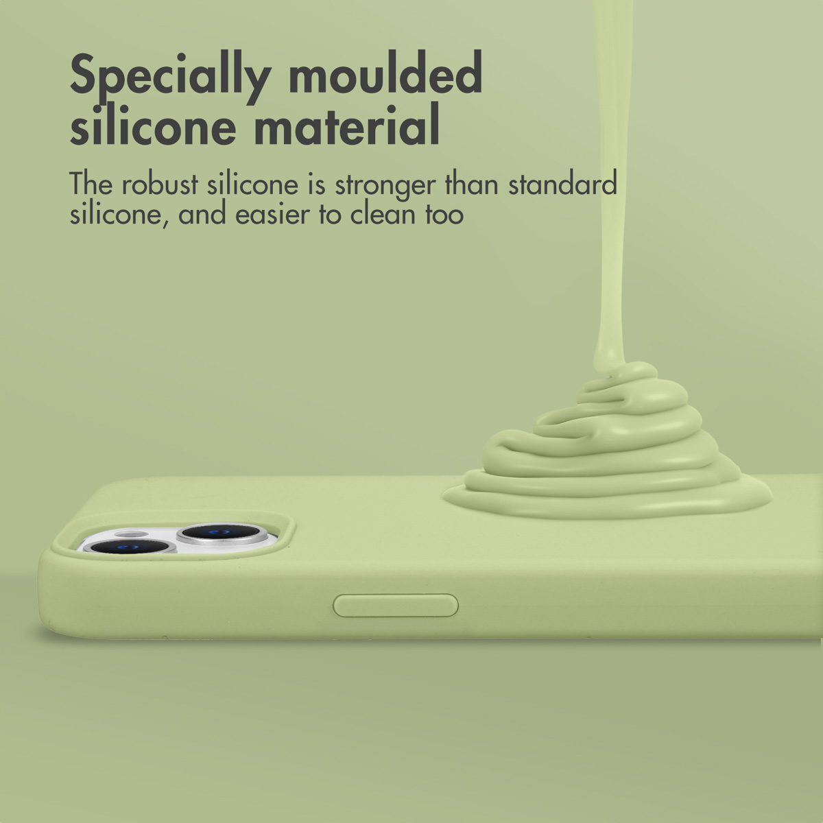 Una funda de silicona verde claro para teléfono con una sustancia fluyendo encima.