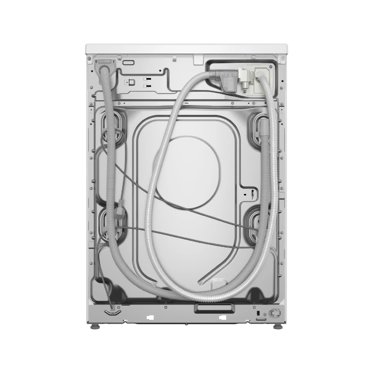 Parte trasera de una lavadora mostrando mangueras y cables, blanca y plateada.