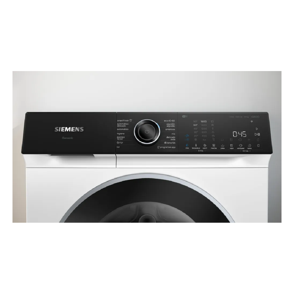 Panel de control de una lavadora Siemens blanca con frontal negro y dial.
